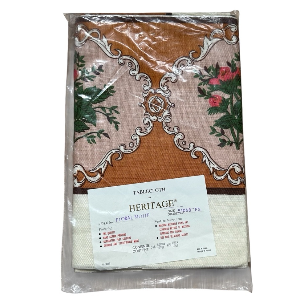 NOS Vintage Heritage Cotton Linen Rectangular Tablecloth Cream Brown - 51" x 68"
